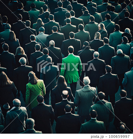 a crowd of people in black suits and only one person in green, generative AI a crowd of people in black suits and only one person in green, generative AI 100659997