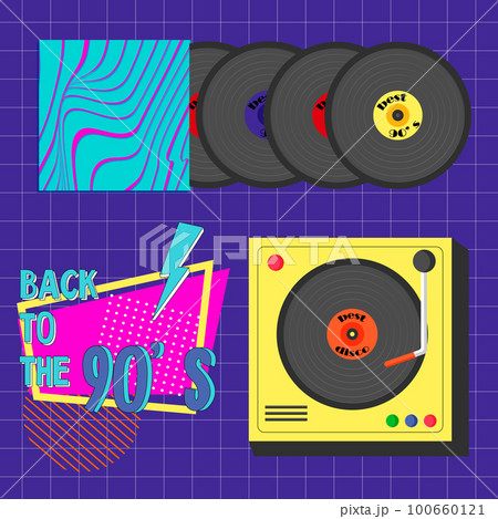 Record player and records with the best music. Retro poster illustration in 90s style. Record player and records with the best music. Retro poster illustration in 90s style. 100660121