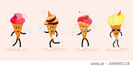 Ice cream characters set. Fun, mischievous and cute illustrations in cartoon style. Ice cream characters set. Fun, mischievous and cute illustrations in cartoon style. 100660128