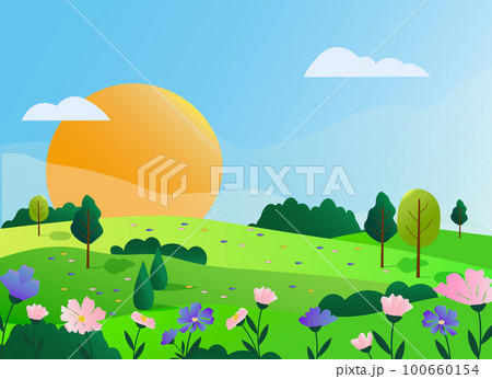 Spring landscape with trees and sun. Flowers and trees. Vector drawing in a flat style with gradients. Spring landscape with trees and sun. Flowers and trees. Vector drawing in a flat style with gradients. 100660154