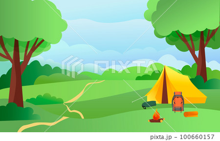 Camping. Forest glade and tent, fire, backpack. Landscape illustration. Camping. Forest glade and tent, fire, backpack. Landscape illustration. 100660157