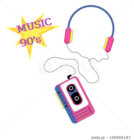 Illustration of an audio player, headphones. 90s retro style.  100660187