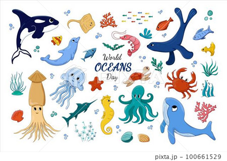 Cartoon sea animal Set. Vector illustretion Oceans animals undersea world Oceans Day doodle elements 100661529