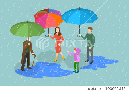 3D Isometric Flat Vector Set of People In A Rainy Day 100661852