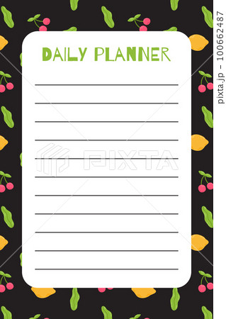 Summer daily planner template with cute sweet cherry and lemon. Hand drawn flat cartoon elements. Vector illustration 100662487