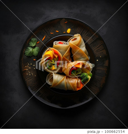 Appetizing fresh tasty chinese rolls with vegetables, close-up isolated on black, national chinese cuisine. 100662554
