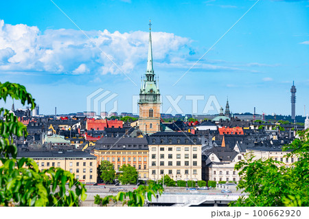 Stockholm skyline with the tower of St. Gertrude Church, also known as the German Church, in the Old Town, Stockholm, Sweden 100662920
