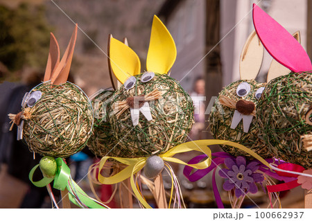 Easter decorative rabbit bunny, Easter street Josef market, sunny weather 100662937