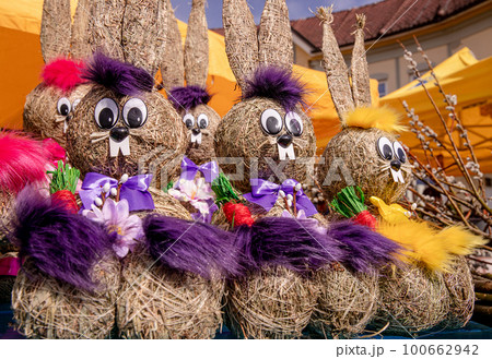 Easter decorative rabbit bunny, Easter street Josef market, sunny weather 100662942