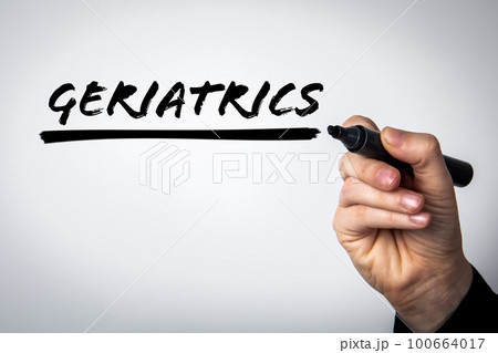 Geriatrics. Text written with a black marker on a white background 100664017