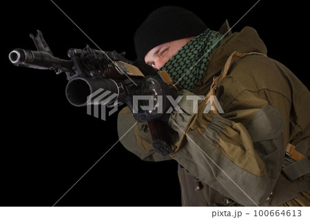 pro-Russian militiaman with kalashnikov ak-47 rifle with under-barrel grenade launcher pro-Russian militiaman with kalashnikov ak-47 rifle with under-barrel grenade launcher 100664613