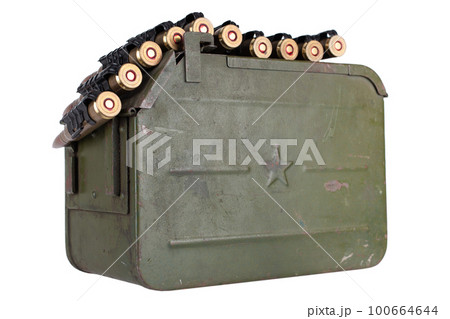 Ammo box with ammunition belt and 12.7mm cartridges for heavy machine gun DSHK used by the former Soviet Union isolated on white. 100664644