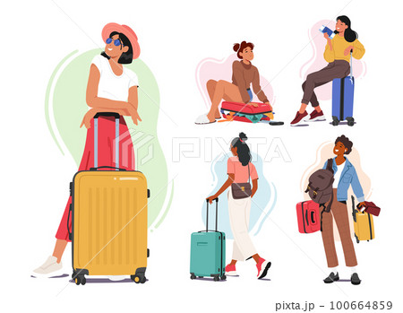 Set of Women Characters with Suitcases And Bags Heading Towards The Airport Or Train Station. Concept of Travel 100664859