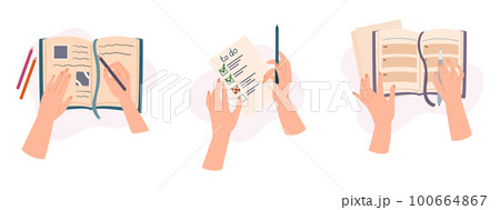 Top View Image Of Hands Holding Pen And Making Notes or To-do List On Paper Notebook or Diary, Illustration, Icons 100664867