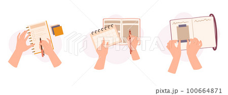 Top View Of Hands Writing Or Making Notes On Paper Notebook Or Diary. Character Write Educational Materials in Office Top View Of Hands Writing Or Making Notes On Paper Notebook Or Diary. Character Write Educational Materials in Office 100664871