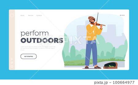 Outdoors Music Perform Landing Page Template. Man Artist Playing Violin On Street. Male Virtuoso Musician Character 100664977