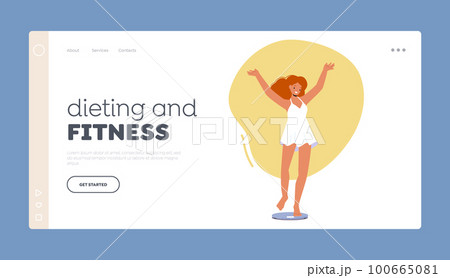 Dieting And Fitness Landing Page Template. Happy Young Girl Standing On Scales Express Positive Emotions. Body Health 100665081