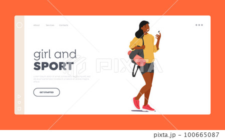 Girl and Sport Landing Page Template. Female Character Carry Yoga Mat As She Walks Towards The Gym. Concept of Fitness 100665087