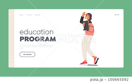 Education Program Landing Page Template. Cheerful Girl Student Character Waving Hand With Backpack On Back 100665092