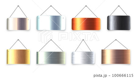 Brushed metal blank hanging signboards. Vintage door sign for cafe, restaurant, bar or retail store. Announcement banner, information signage for business or service. Vector illustration 100666115