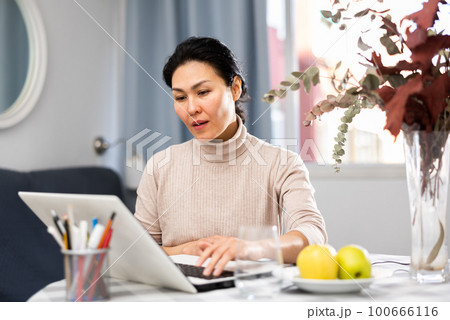 Portrait of an Asian woman working on a laptop 100666116