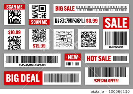 Set of product barcodes and QR codes. Special offer, sale stickers, shopping discount label or promotional badge. Serial number, product ID. Supermarket retail label, price tag. Vector illustration 100666130