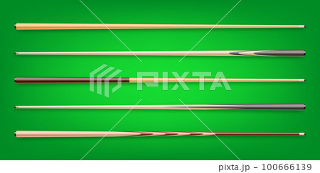 Various wooden billiard cues on green background. Snooker sports equipment. Vintage pool cue. Active recreation and entertainment. Vector illustration Various wooden billiard cues on green background. Snooker sports equipment. Vintage pool cue. Active recreation and entertainment. Vector illustration 100666139
