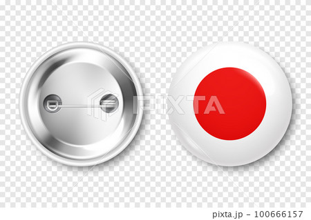 Realistic button badge with printed Japanese flag. Souvenir from Japan. Glossy pin badge with shiny metal clasp. Product mockup for advertising and promotion. Vector illustration 100666157