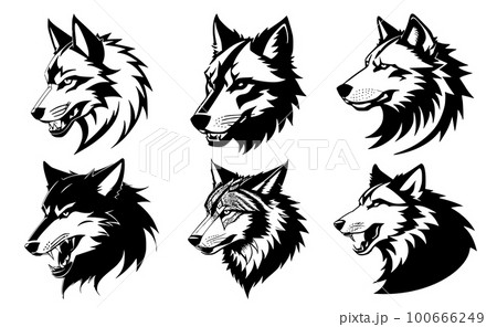 Set of tattoos or logos in the form of wolf heads 100666249