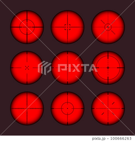 Various weapon thermal infrared sights, sniper rifle optical scopes. Hunting gun viewfinder with crosshair. Aim, shooting mark symbol. Military target sign. Game UI element. Vector illustration 100666263