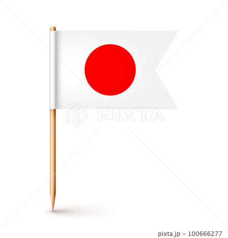Realistic Japanese toothpick flag. Souvenir from Japan. Wooden toothpick with paper flag. Location mark, map pointer. Blank mockup for advertising and promotions. Vector illustration 100666277