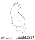 The rear view of the cat sitting on the floor looking to the right. 100668237