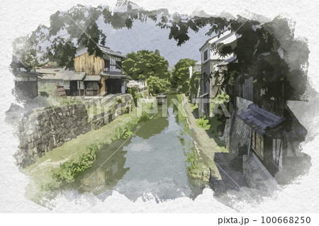 水彩画風 近江八幡 八幡堀 滋賀県近江八幡市のイラスト素材