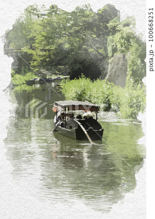 水彩画風　近江八幡　八幡堀　滋賀県近江八幡市 100668251