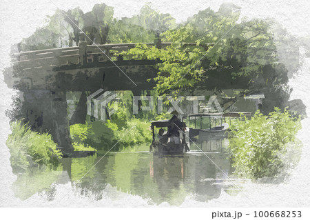 水彩画風 近江八幡 八幡堀 滋賀県近江八幡市のイラスト素材 [100668253