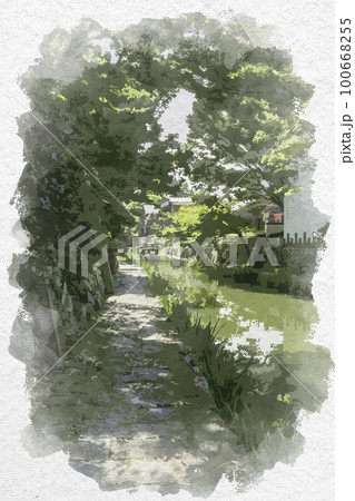水彩画風　近江八幡　八幡堀　滋賀県近江八幡市 100668255