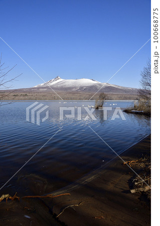 早春の北海道七飯町東大沼で残雪の駒ヶ岳と白鳥の居る風景を撮影 早春の北海道七飯町東大沼で残雪の駒ヶ岳と白鳥の居る風景を撮影 100668775