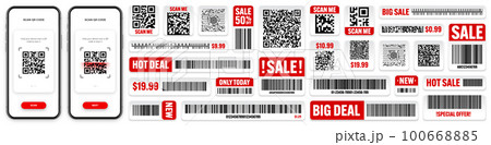 Product barcodes and QR codes. Smartphone application, scanner app. Sale stickers, discount label or promotional badge. Serial number, product ID. Store, supermarket scan labels. Vector illustration Product barcodes and QR codes. Smartphone application, scanner app. Sale stickers, discount label or promotional badge. Serial number, product ID. Store, supermarket scan labels. Vector illustration 100668885