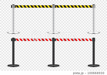 Realistic yellow and red retractable belt stanchion. Crowd control barrier posts with caution strap. Queue lines. Restriction border and danger tape. Attention, warning sign. Vector illustration 100668930