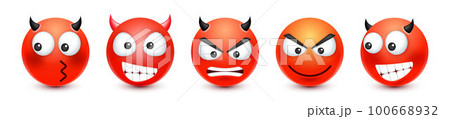 Cartoon emoji, emoticons collection. Red face with emotions, mood. Facial expression, realistic emoji. Sad, happy, angry faces. Funny character with smiling face. Vector illustration Cartoon emoji, emoticons collection. Red face with emotions, mood. Facial expression, realistic emoji. Sad, happy, angry faces. Funny character with smiling face. Vector illustration 100668932