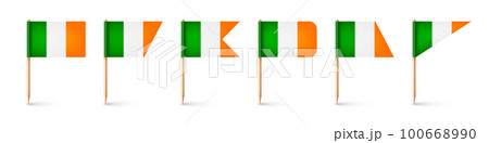 Realistic various Irish toothpick flags. Souvenir from Ireland. Wooden toothpicks with paper flag. Location mark, map pointer. Blank mockup for advertising and promotions. Vector illustration 100668990