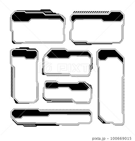 Black futuristic HUD or UI elements. Sci-fi user interface text boxes, callouts. Warning message frames, information boxes template. Modern game interface layout in digital style. Vector illustration 100669015
