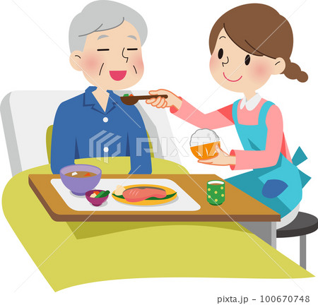 おじいさんの食事介護をする介護士 100670748