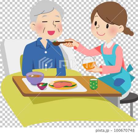 おじいさんの食事介護をする介護士 100670748