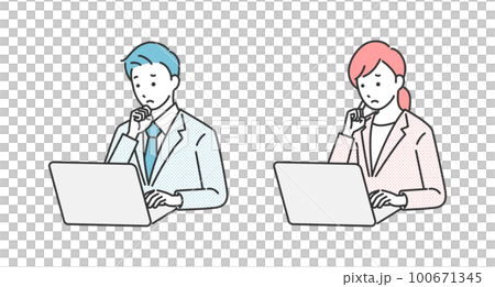 Business person thinking in front of a computer Business person thinking in front of a computer 100671345