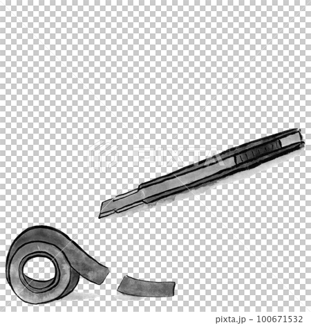 Stationery cutter knife and tape monochrome illustration (ink hand-drawn illustration) 100671532