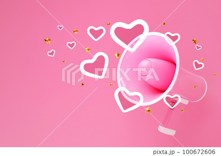 Megaphone speaker or megaphone loudspeaker with hearts, realistic 3d illustration. Mother's Day and Valentine's Day 100672606