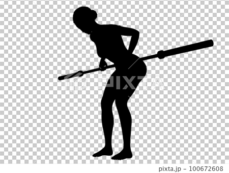 Silhouette of a woman doing a bent over row on an olympic shaft 100672608