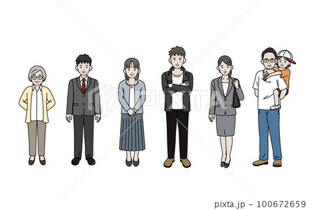 様々な年齢層の人物、男女の全身イラストセット 100672659