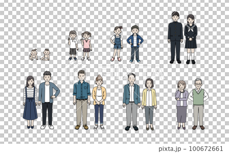 様々な年齢層の人物、男女のイラストセット 100672661